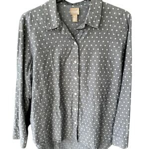 Chico's Dark Blue Cotton Chambray Button Up Shirt Sz XL (3) with Polka Dots